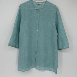 Paraphrase Womens 1X Teal Green Linen Blend Button Front Tunic Top 3/4 Sleeve